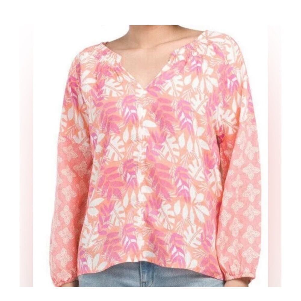 Sigrid Olsen Linen Tropical Beach Palm Blouse Size Small